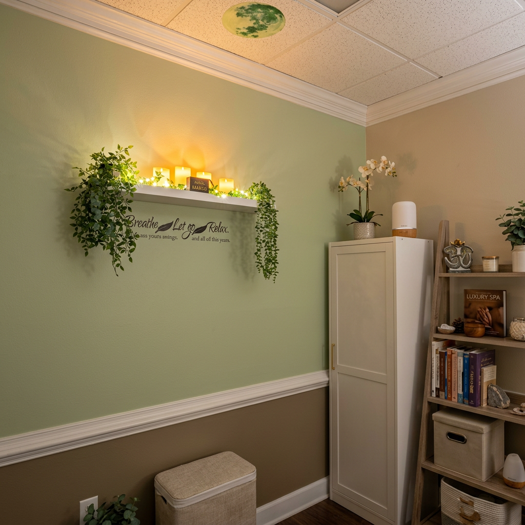 Soft candlelight and greenery create a peaceful atmosphere at Zen Within Massage Therapy